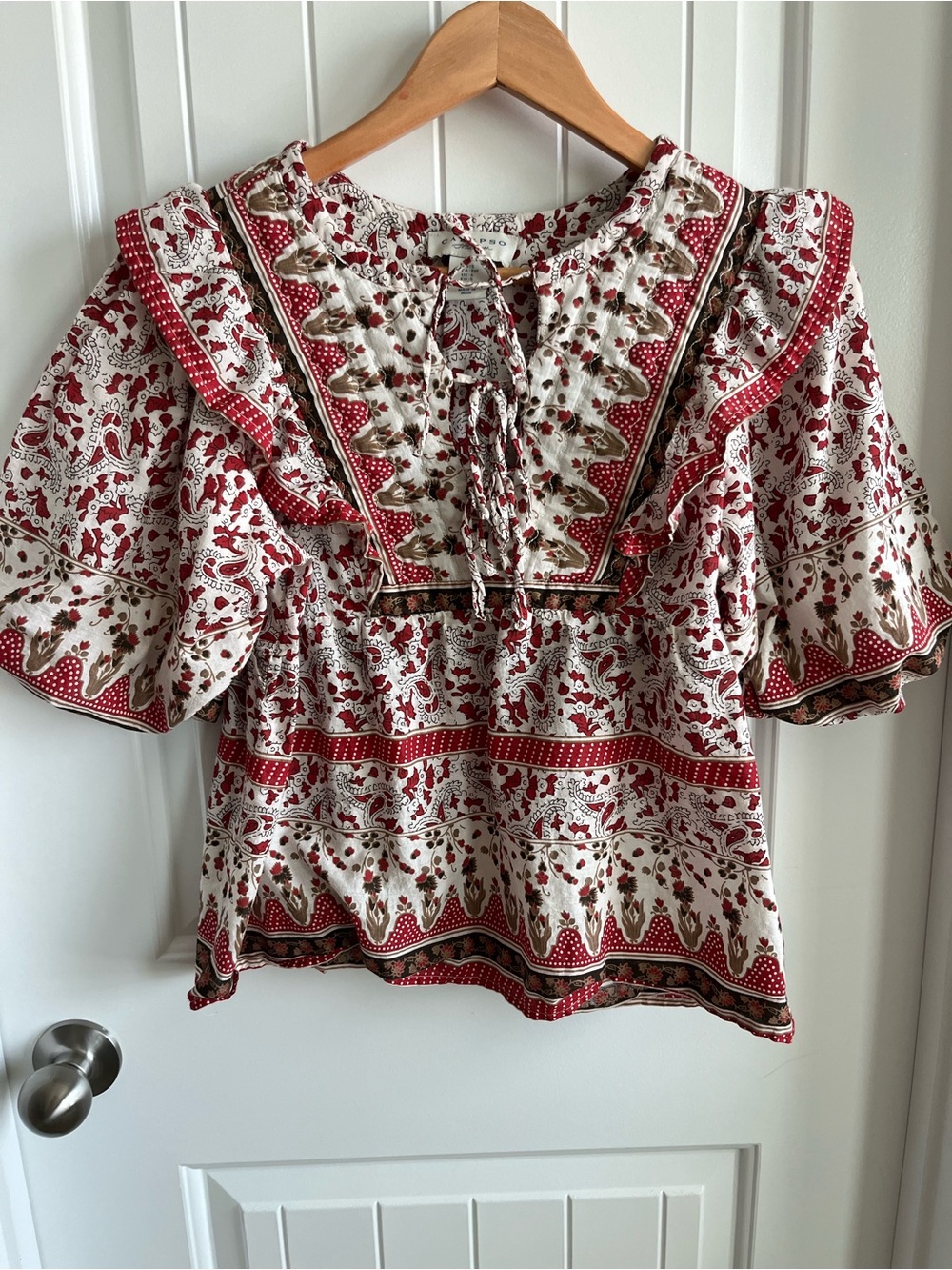 Calypso St. Barth Red & Cream Floral Peasant Blouse